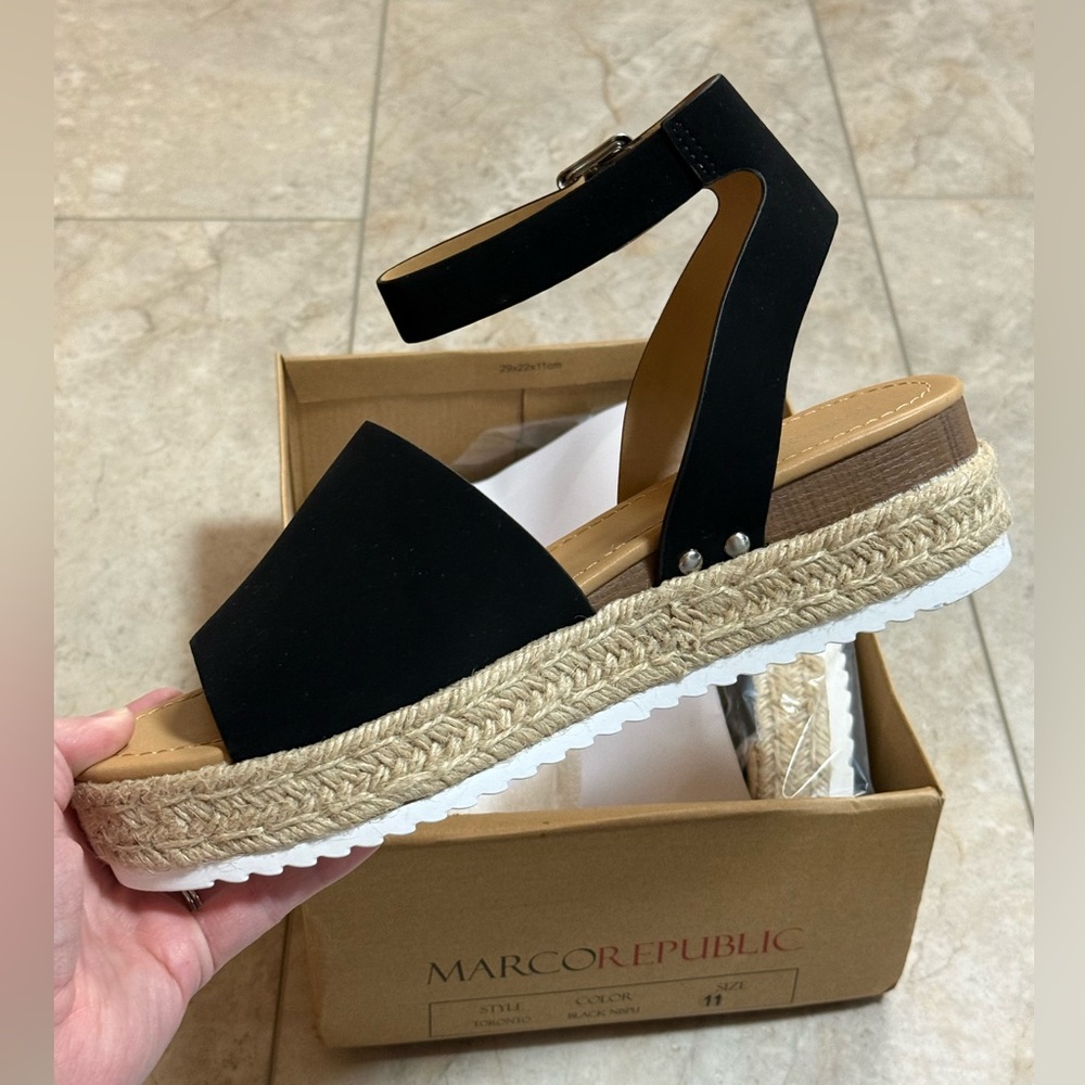 NWT Marco Republic Black Espadrille Platform Sandal with Ankle Strap